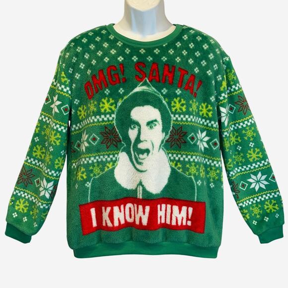 Elf The Movie OMG SANTA I KNOW HIM Minky Fleece Ugly Christmas Sweatshirt Size M - Picture 1 of 4